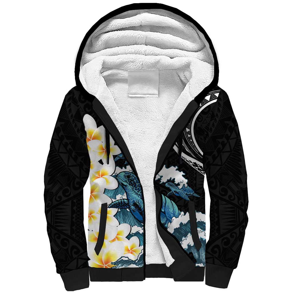 Black Polynesia Sherpa Hoodie Polynesian Frangipani With Sea Turtles LT14 Unisex Black - Polynesian Pride