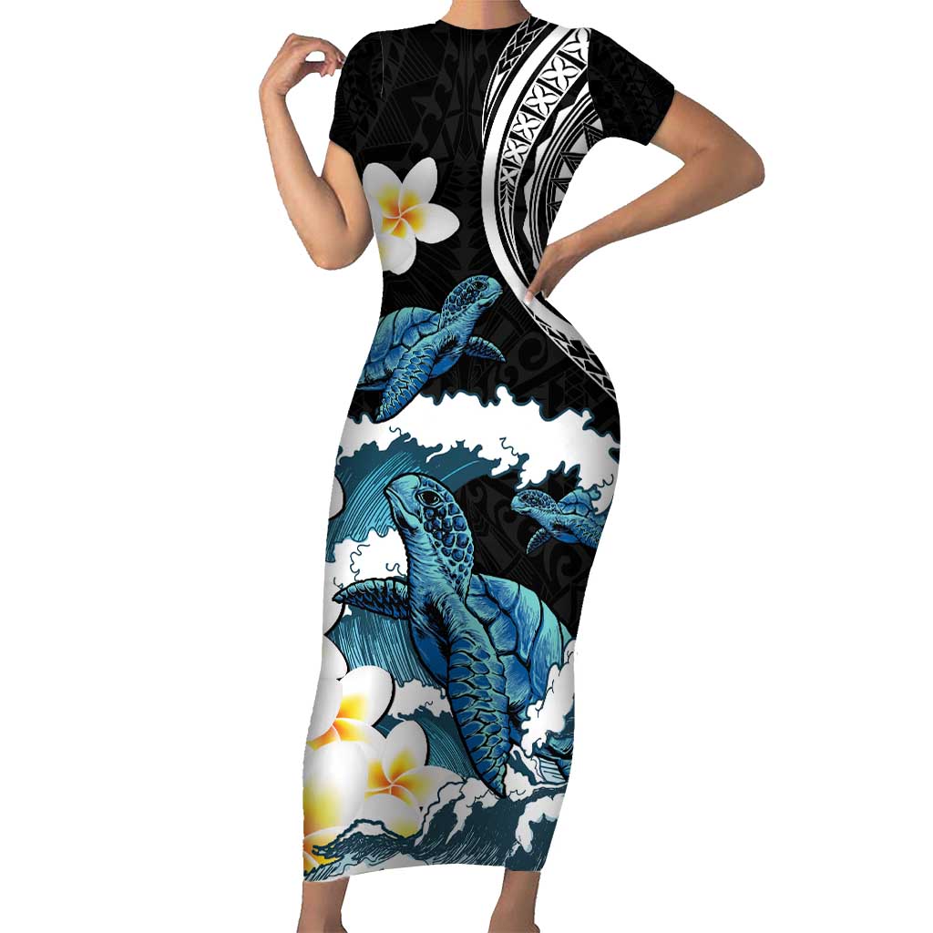 Black Polynesia Short Sleeve Bodycon Dress Polynesian Frangipani With Sea Turtles LT14 Long Dress Black - Polynesian Pride