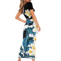 Black Polynesia Short Sleeve Bodycon Dress Polynesian Frangipani With Sea Turtles LT14 - Polynesian Pride