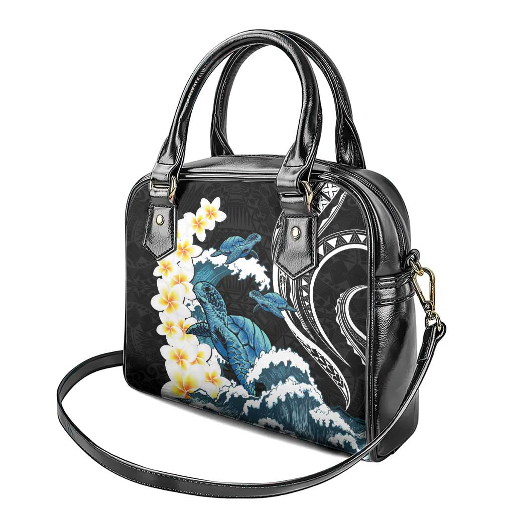 Black Polynesia Shoulder Handbag Polynesian Frangipani With Sea Turtles LT14 - Polynesian Pride