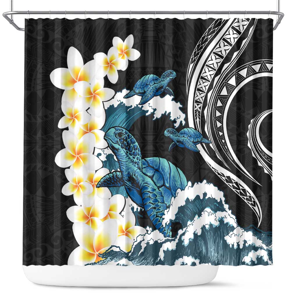 Black Polynesia Shower Curtain Polynesian Frangipani With Sea Turtles LT14 Black - Polynesian Pride