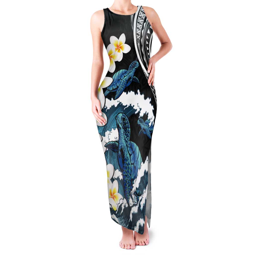 Black Polynesia Tank Maxi Dress Polynesian Frangipani With Sea Turtles LT14 Women Black - Polynesian Pride