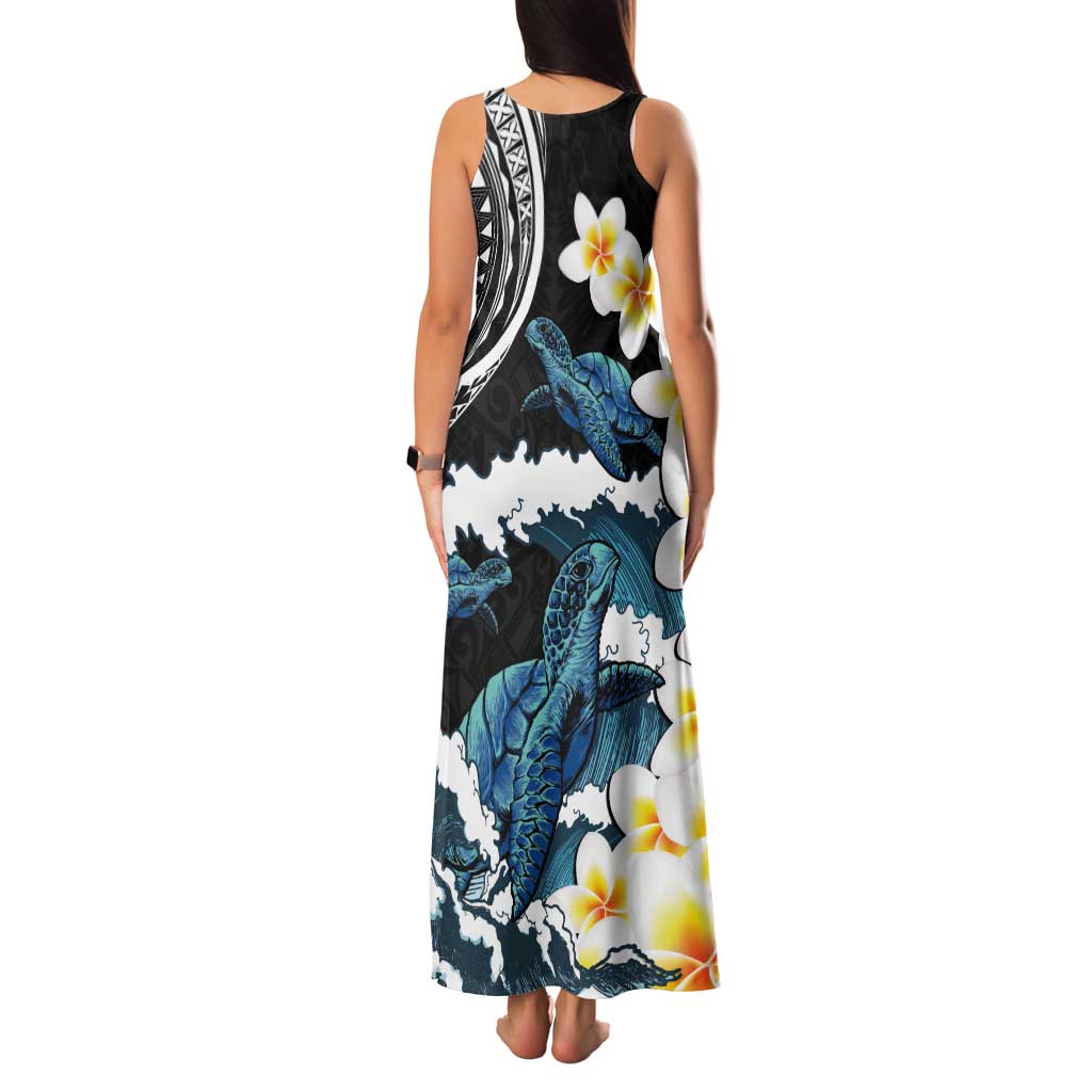 Black Polynesia Tank Maxi Dress Polynesian Frangipani With Sea Turtles LT14 - Polynesian Pride