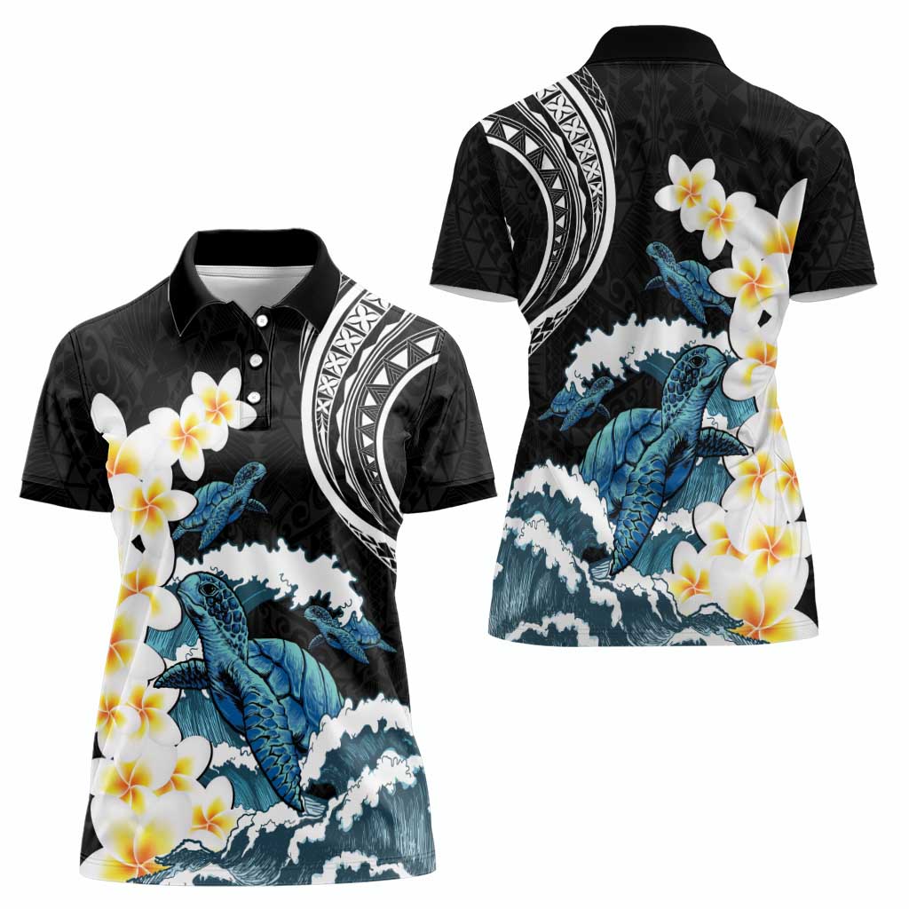 Black Polynesia Women Polo Shirt Polynesian Frangipani With Sea Turtles LT14 - Polynesian Pride