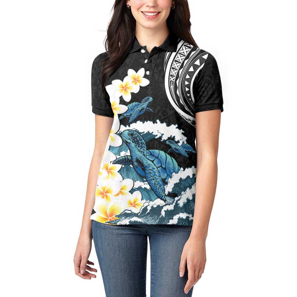 Black Polynesia Women Polo Shirt Polynesian Frangipani With Sea Turtles LT14 - Polynesian Pride