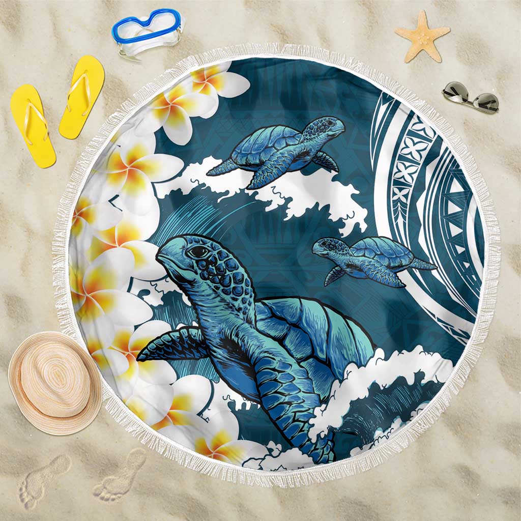Dark Teal Polynesia Beach Blanket Polynesian Frangipani With Sea Turtles LT14 One Size 150cm Dark Teal - Polynesian Pride