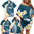 Dark Teal Polynesia Family Matching Off Shoulder Short Dress and Hawaiian Shirt Polynesian Frangipani With Sea Turtles