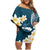 Dark Teal Polynesia Family Matching Off Shoulder Short Dress and Hawaiian Shirt Polynesian Frangipani With Sea Turtles