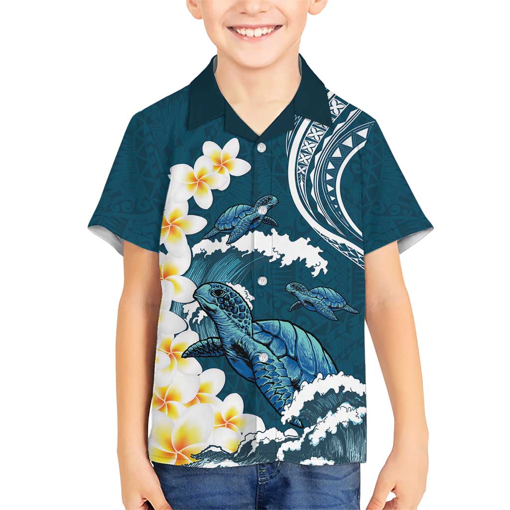 Dark Teal Polynesia Kid Hawaiian Shirt Polynesian Frangipani With Sea Turtles LT14 Kid Dark Teal - Polynesian Pride