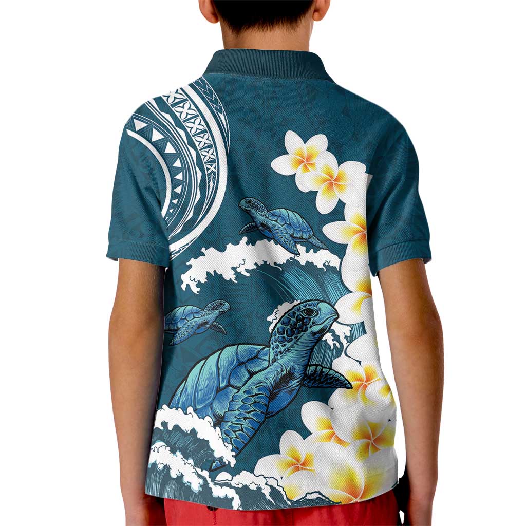 Dark Teal Polynesia Kid Polo Shirt Polynesian Frangipani With Sea Turtles LT14 - Polynesian Pride