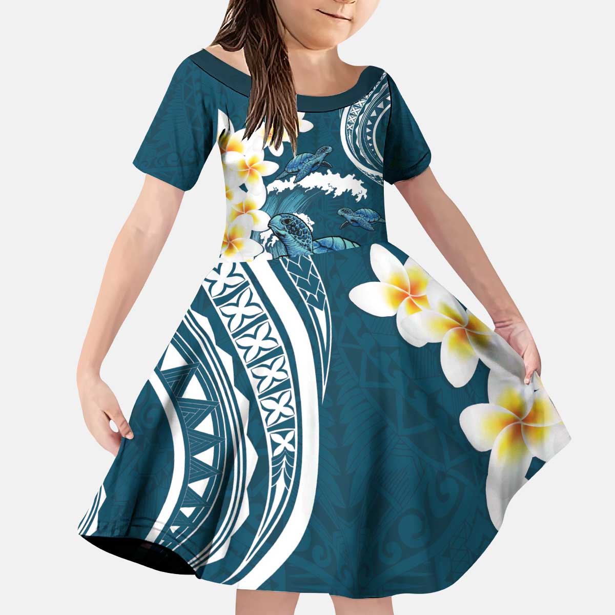 Dark Teal Polynesia Kid Short Sleeve Dress Polynesian Frangipani With Sea Turtles LT14 KID Dark Teal - Polynesian Pride