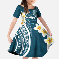 Dark Teal Polynesia Kid Short Sleeve Dress Polynesian Frangipani With Sea Turtles LT14 KID Dark Teal - Polynesian Pride