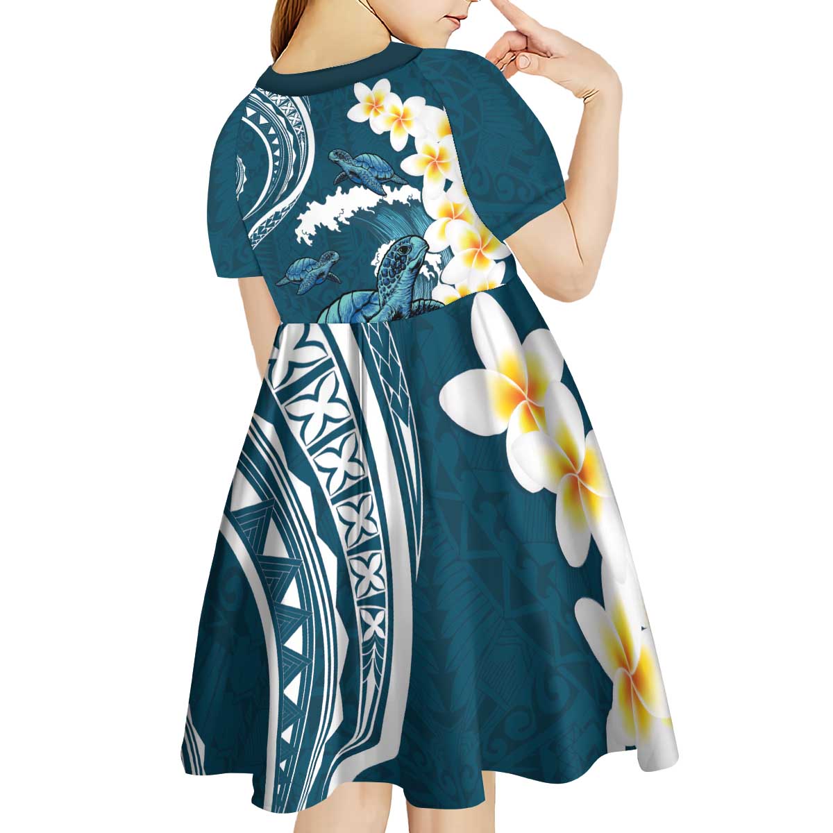 Dark Teal Polynesia Kid Short Sleeve Dress Polynesian Frangipani With Sea Turtles LT14 - Polynesian Pride