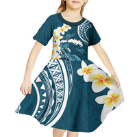 Dark Teal Polynesia Kid Short Sleeve Dress Polynesian Frangipani With Sea Turtles LT14 - Polynesian Pride