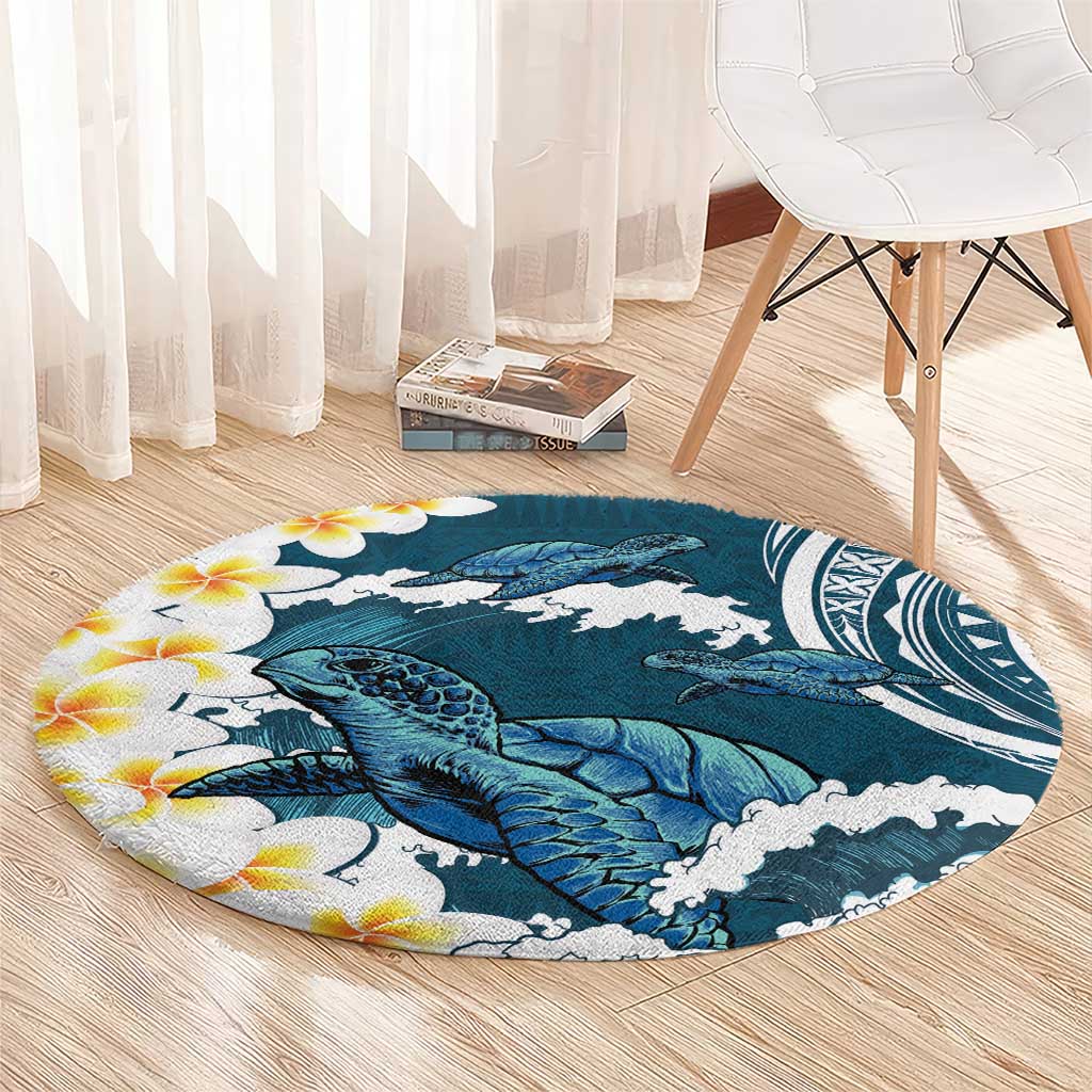 Dark Teal Polynesia Round Carpet Polynesian Frangipani With Sea Turtles LT14 - Polynesian Pride
