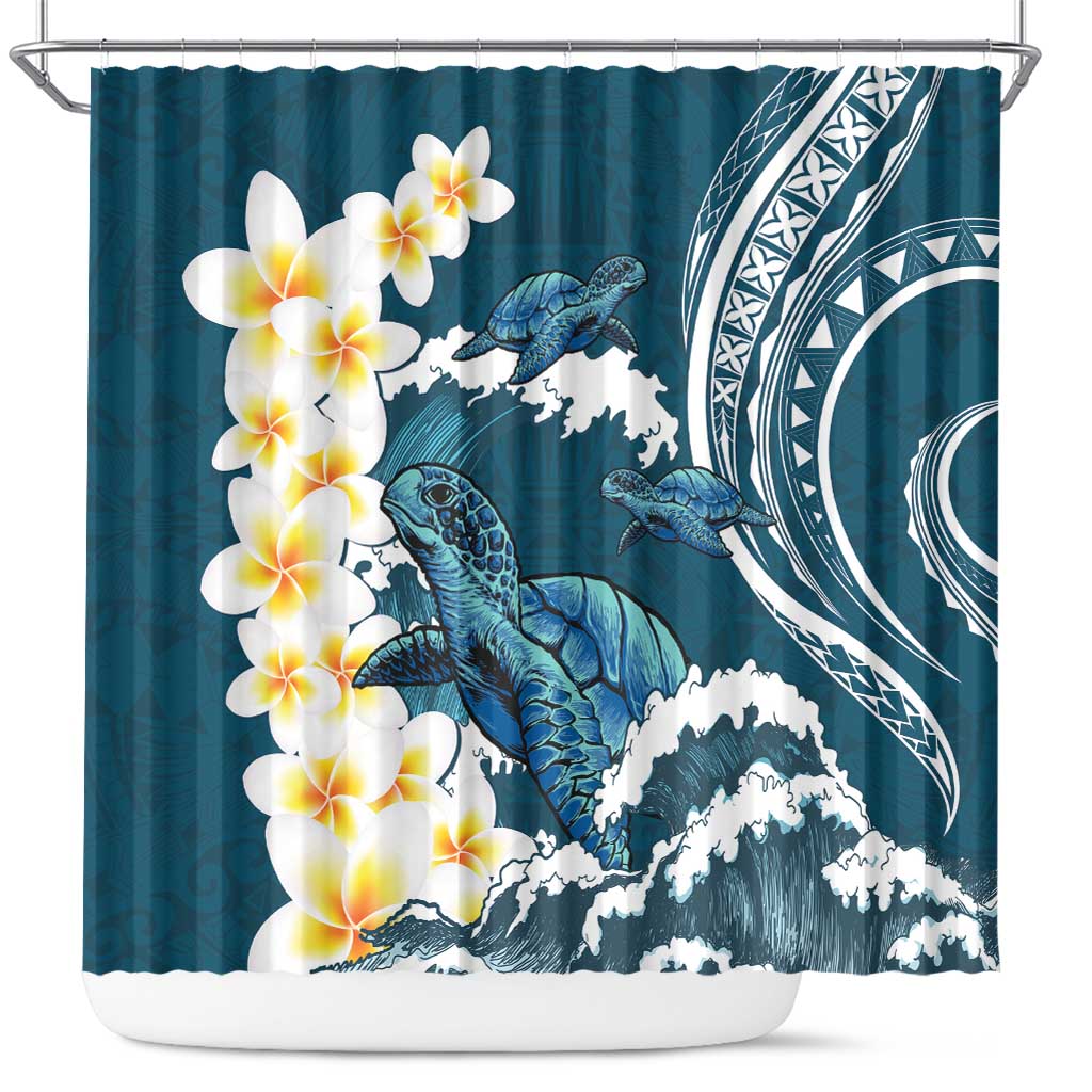 Dark Teal Polynesia Shower Curtain Polynesian Frangipani With Sea Turtles