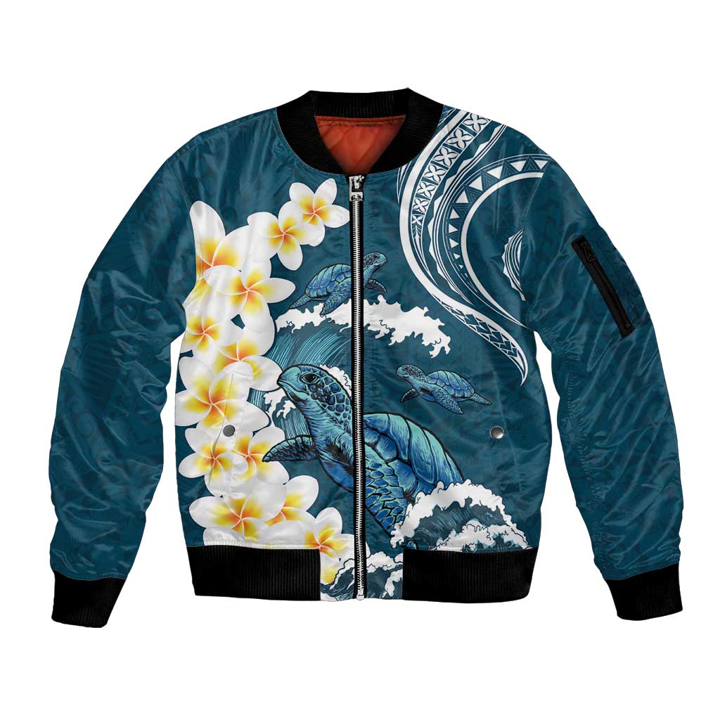 Dark Teal Polynesia Sleeve Zip Bomber Jacket Polynesian Frangipani With Sea Turtles LT14 Unisex Dark Teal - Polynesian Pride