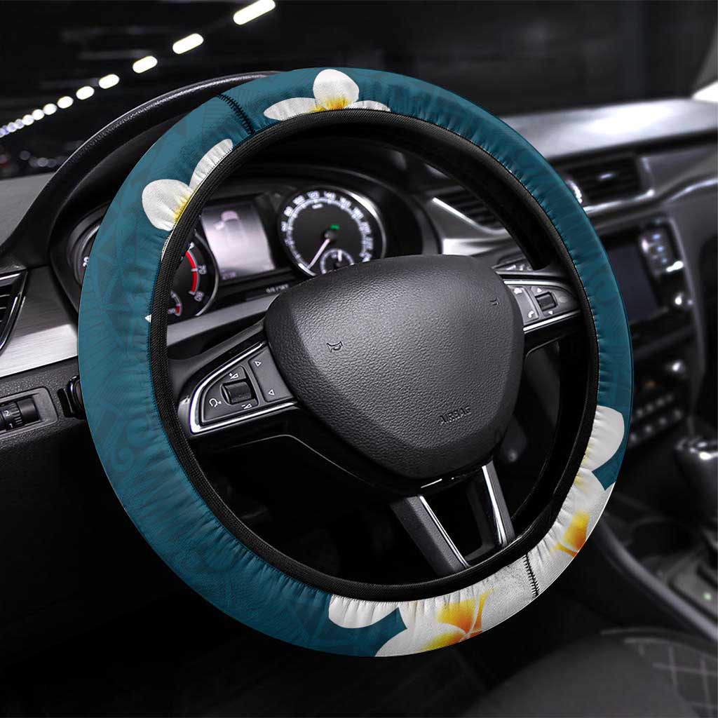 Dark Teal Polynesia Steering Wheel Cover Polynesian Frangipani With Sea Turtles