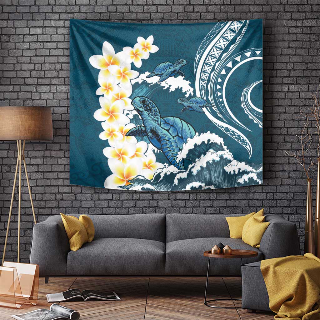 Dark Teal Polynesia Tapestry Polynesian Frangipani With Sea Turtles LT14 - Polynesian Pride
