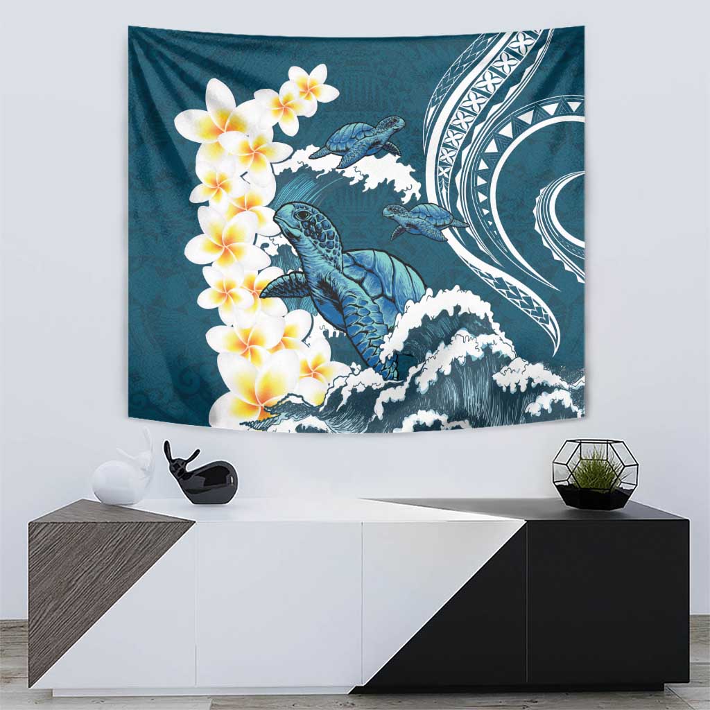 Dark Teal Polynesia Tapestry Polynesian Frangipani With Sea Turtles LT14 - Polynesian Pride