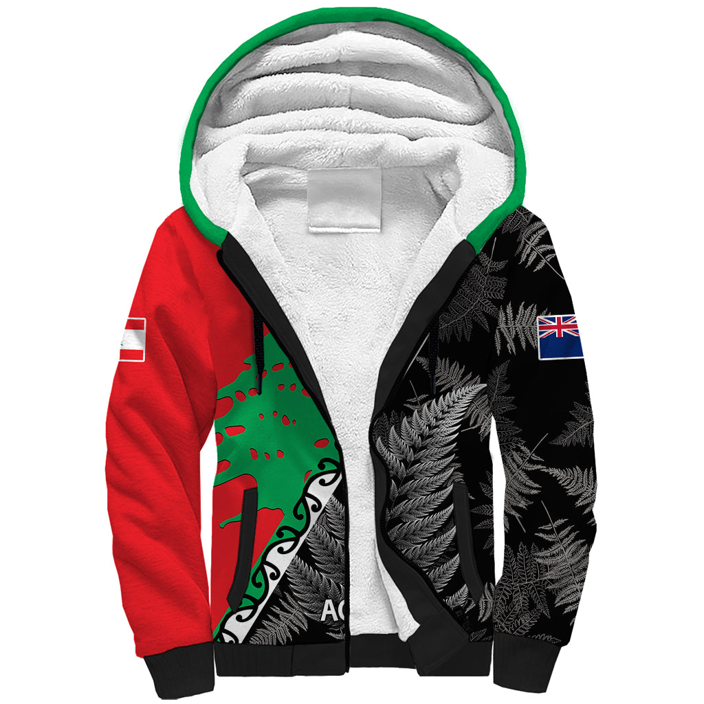 New Zealand And Lebanon Sherpa Hoodie Silver Fern Maori With Cedar Tree Together LT14 Unisex Red - Polynesian Pride