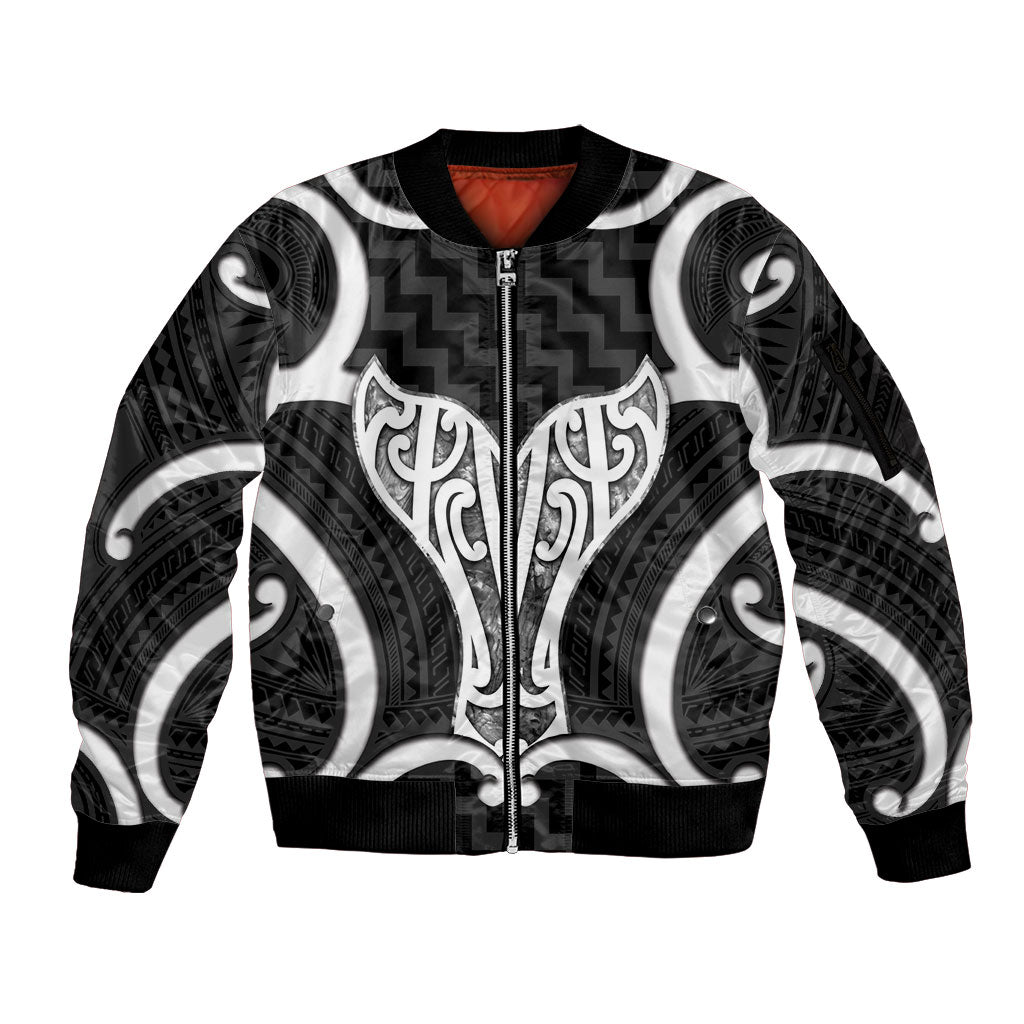 Aotearoa Atua Tangaroa Personalised Sleeve Zip Bomber Jacket God Of The Sea Maori Whale Tail Black LT14 Unisex Black - Polynesian Pride