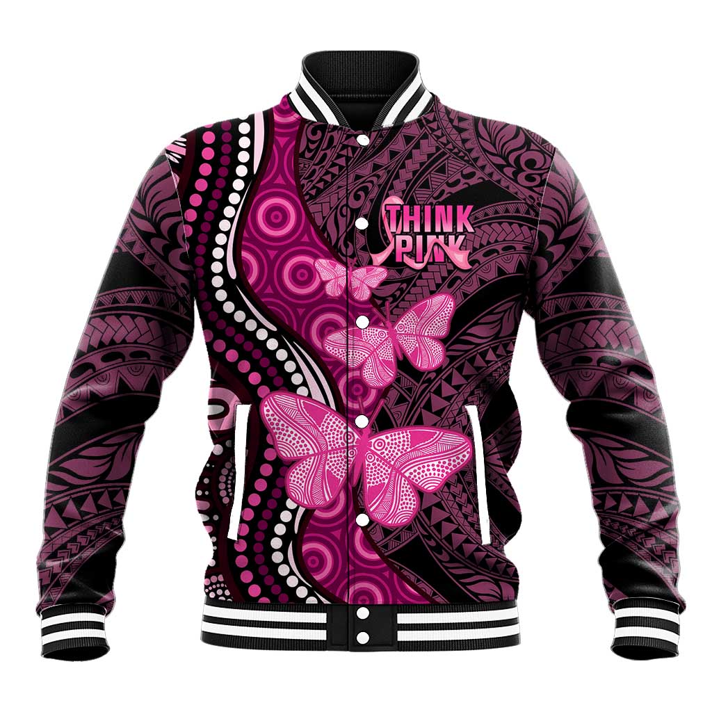 Think Pink Breast Cancer Awareness Baseball Jacket Butterfly Aboriginal Mix Polynesian Pattern LT14 Unisex Pink - Polynesian Pride
