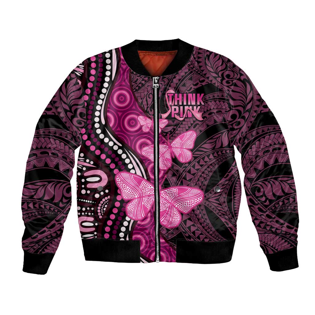 Think Pink Breast Cancer Awareness Bomber Jacket Butterfly Aboriginal Mix Polynesian Pattern LT14 Unisex Pink - Polynesian Pride