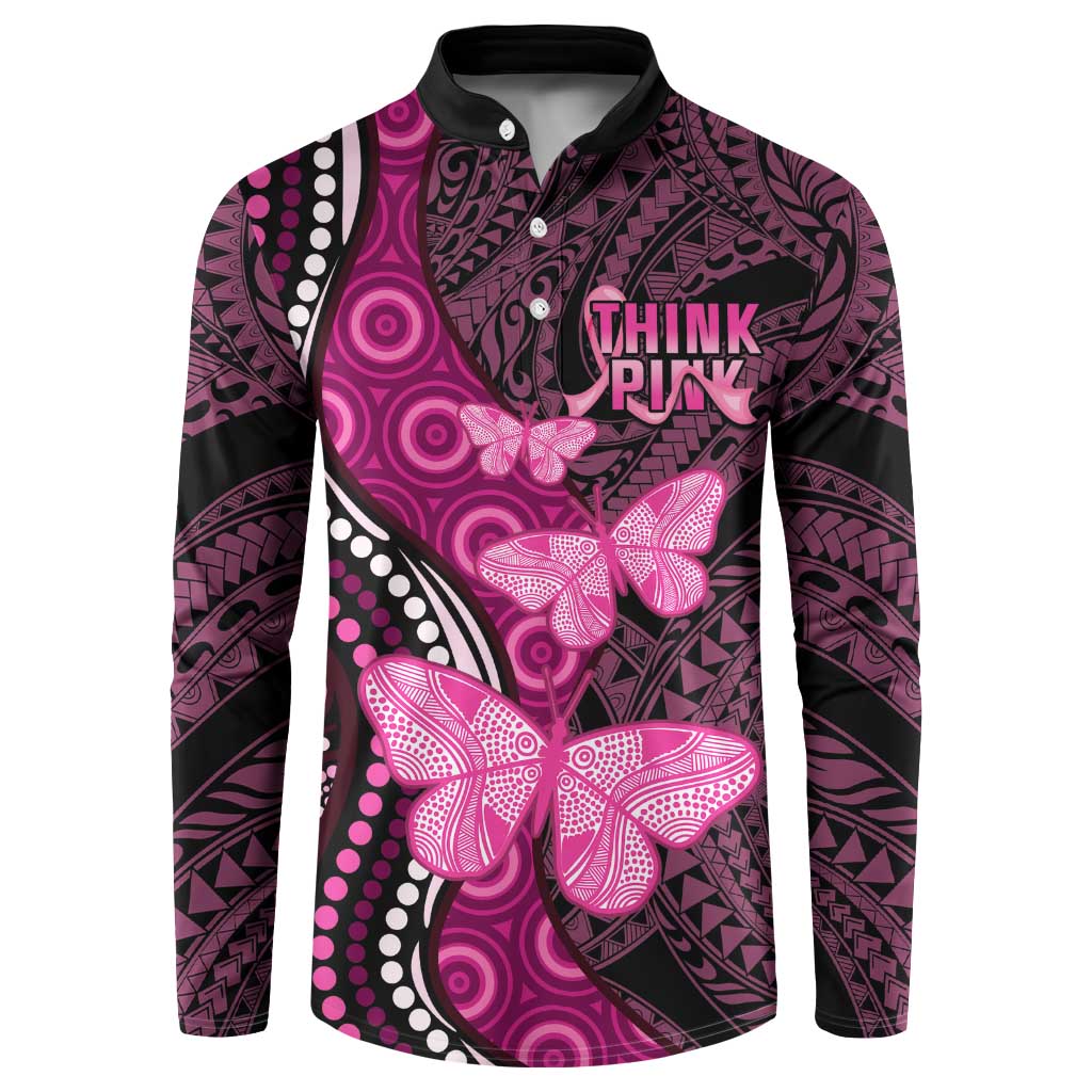 Think Pink Breast Cancer Awareness Button Sweatshirt Butterfly Aboriginal Mix Polynesian Pattern