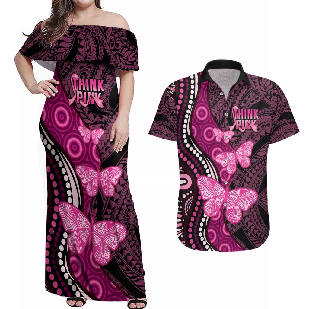 Think Pink Breast Cancer Awareness Couples Matching Off Shoulder Maxi Dress and Hawaiian Shirt Butterfly Aboriginal Mix Polynesian Pattern