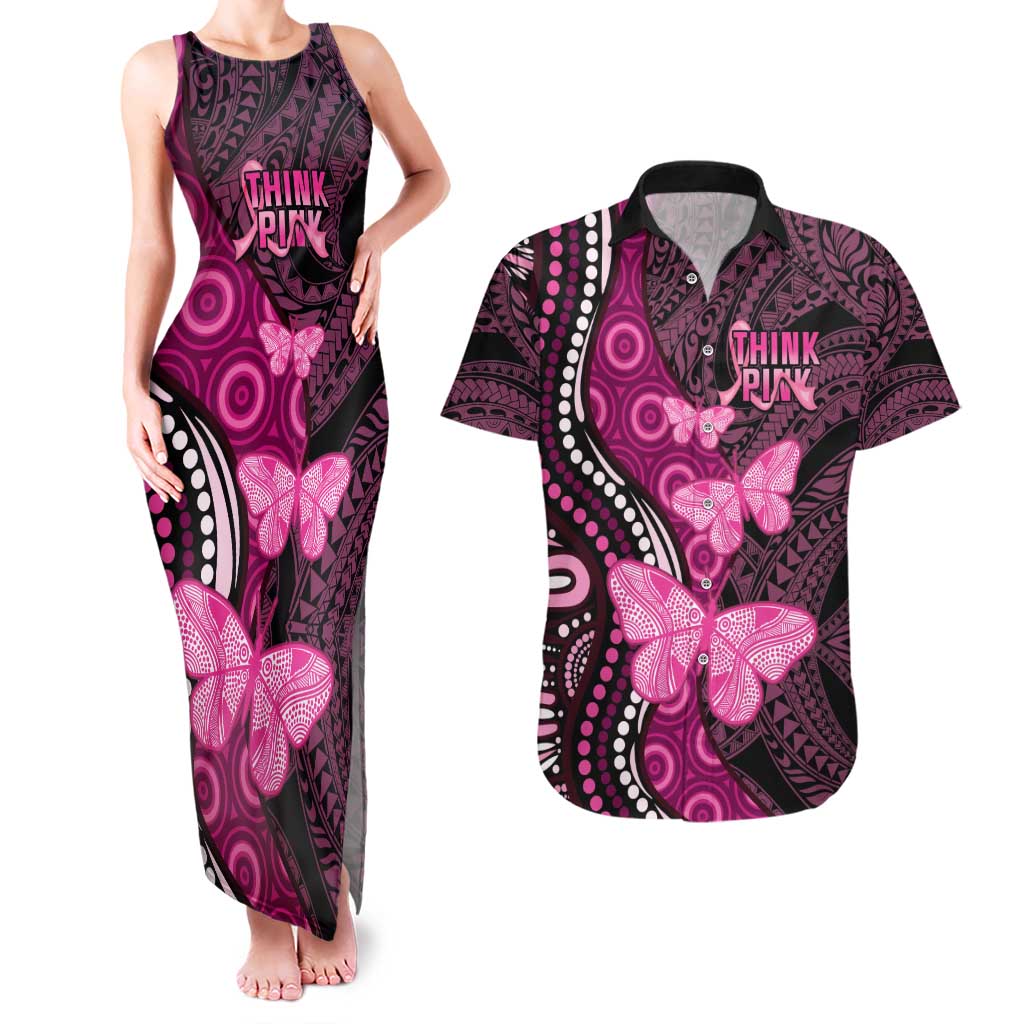 Think Pink Breast Cancer Awareness Couples Matching Tank Maxi Dress and Hawaiian Shirt Butterfly Aboriginal Mix Polynesian Pattern