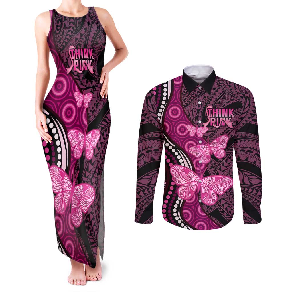 Think Pink Breast Cancer Awareness Couples Matching Tank Maxi Dress and Long Sleeve Button Shirt Butterfly Aboriginal Mix Polynesian Pattern