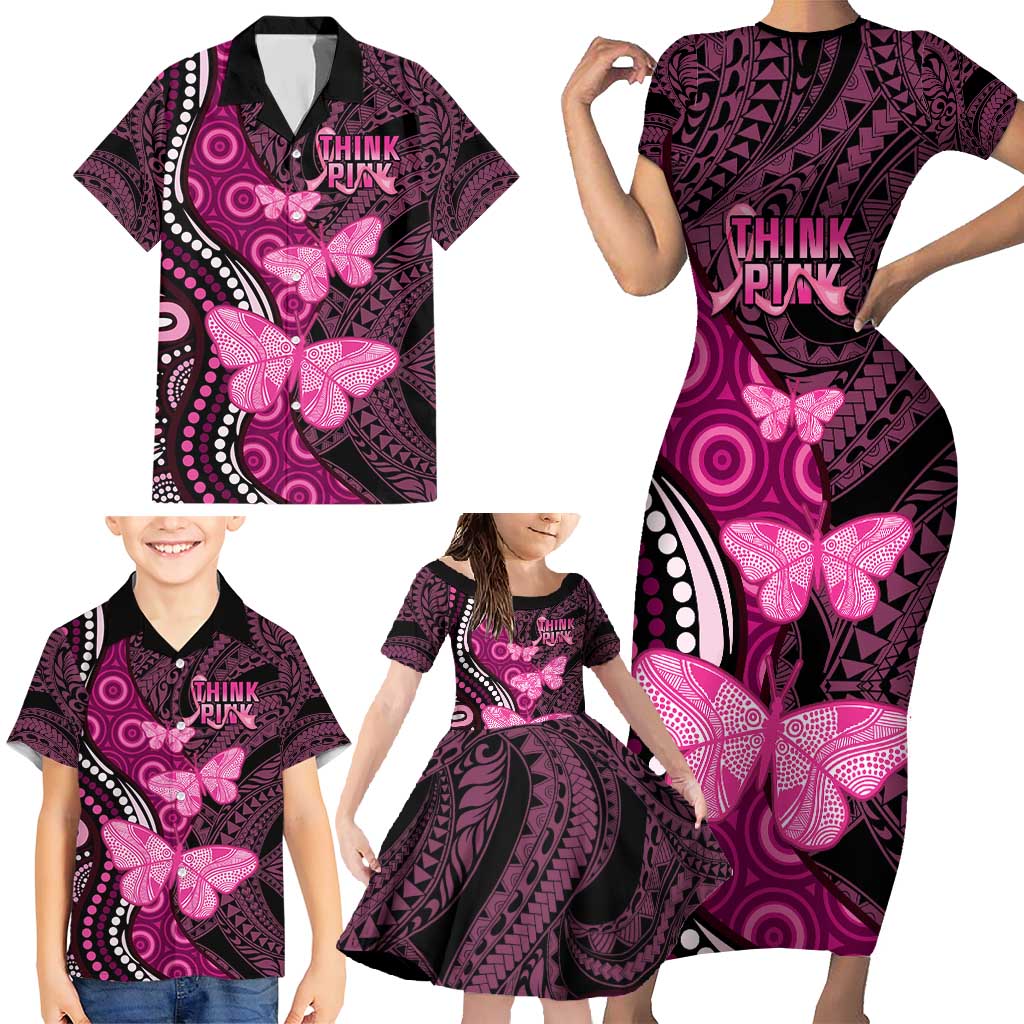 Think Pink Breast Cancer Awareness Family Matching Short Sleeve Bodycon Dress and Hawaiian Shirt Butterfly Aboriginal Mix Polynesian Pattern