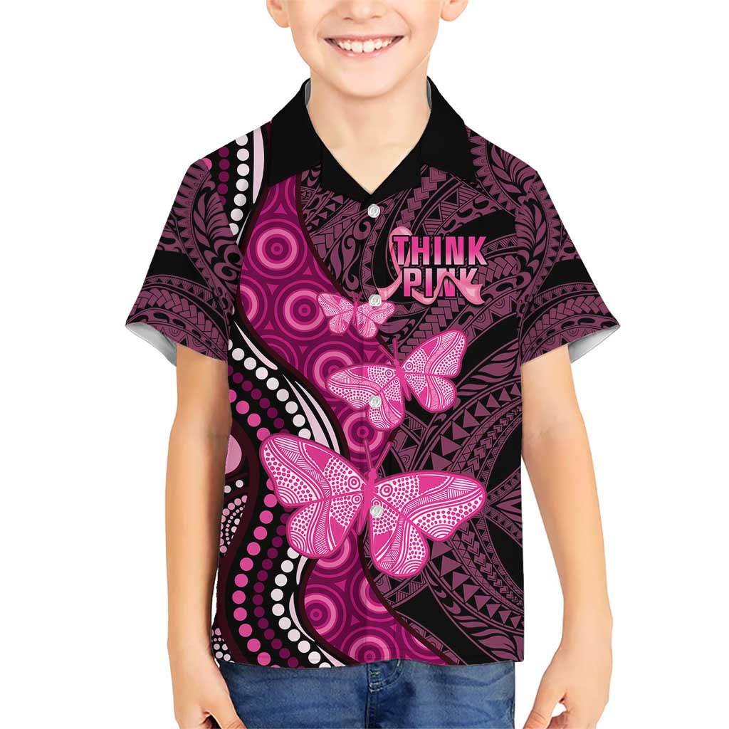Think Pink Breast Cancer Awareness Kid Hawaiian Shirt Butterfly Aboriginal Mix Polynesian Pattern LT14 Kid Pink - Polynesian Pride