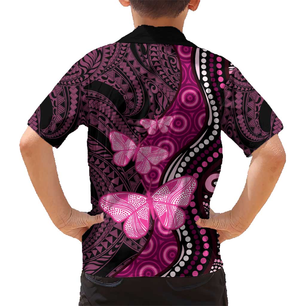 Think Pink Breast Cancer Awareness Kid Hawaiian Shirt Butterfly Aboriginal Mix Polynesian Pattern LT14 - Polynesian Pride