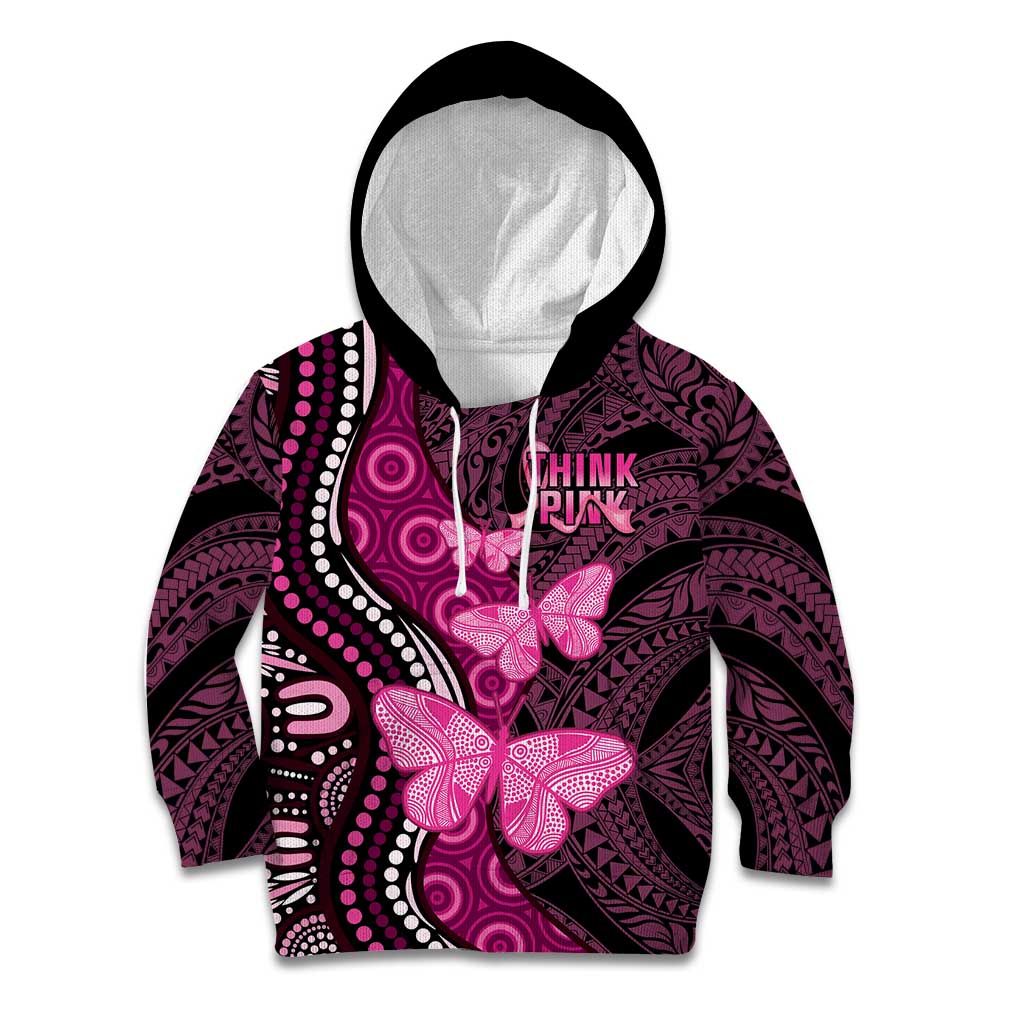 Think Pink Breast Cancer Awareness Kid Hoodie Butterfly Aboriginal Mix Polynesian Pattern LT14 Hoodie Pink - Polynesian Pride