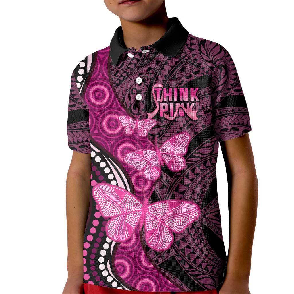 Think Pink Breast Cancer Awareness Kid Polo Shirt Butterfly Aboriginal Mix Polynesian Pattern