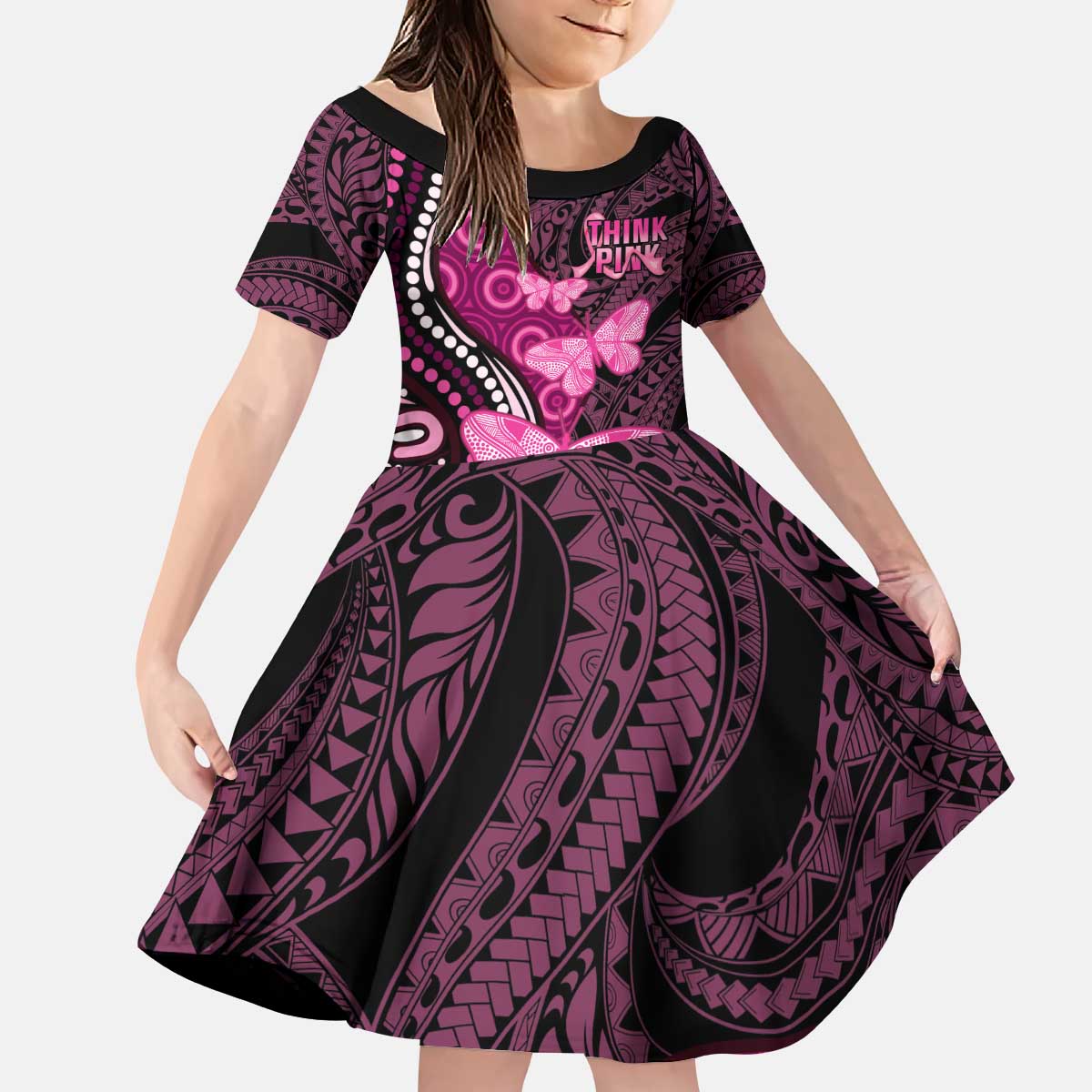 Think Pink Breast Cancer Awareness Kid Short Sleeve Dress Butterfly Aboriginal Mix Polynesian Pattern LT14 KID Pink - Polynesian Pride