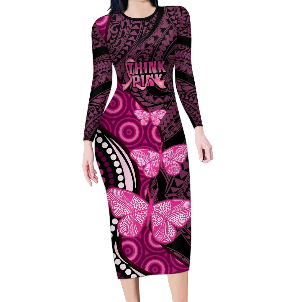 Think Pink Breast Cancer Awareness Long Sleeve Bodycon Dress Butterfly Aboriginal Mix Polynesian Pattern LT14 Long Dress Pink - Polynesian Pride