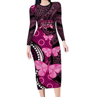 Think Pink Breast Cancer Awareness Long Sleeve Bodycon Dress Butterfly Aboriginal Mix Polynesian Pattern LT14 Long Dress Pink - Polynesian Pride