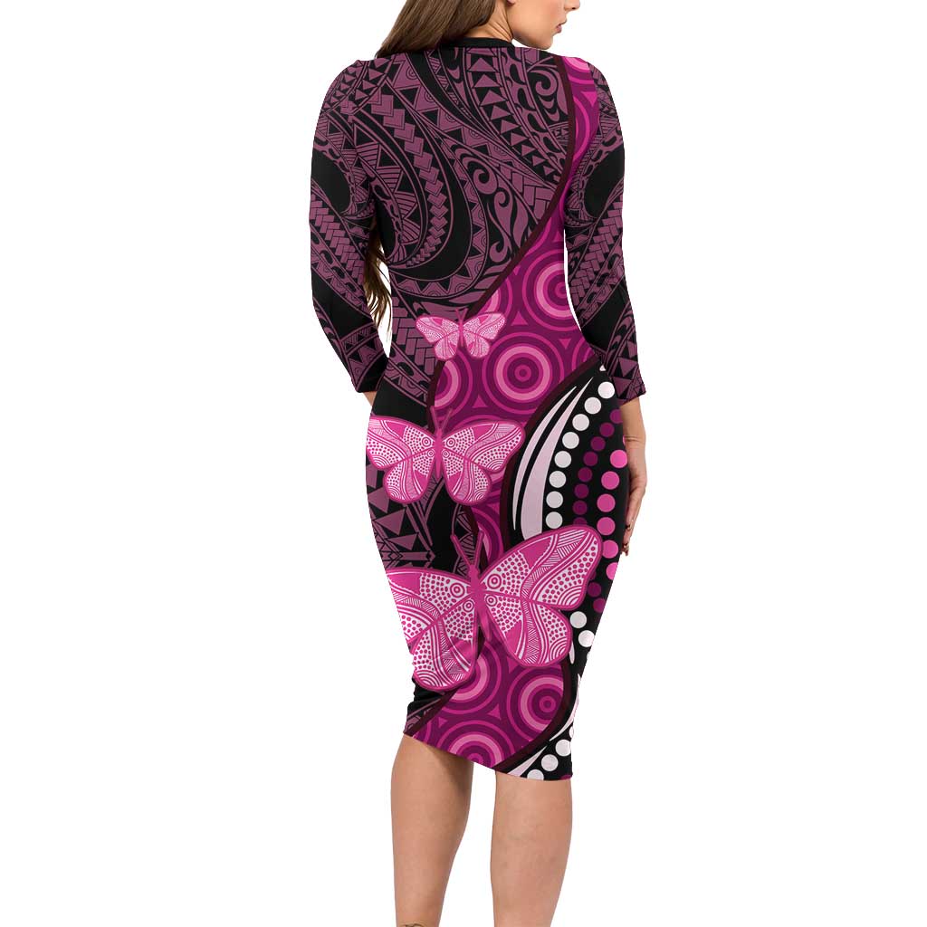 Think Pink Breast Cancer Awareness Long Sleeve Bodycon Dress Butterfly Aboriginal Mix Polynesian Pattern LT14 - Polynesian Pride