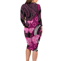 Think Pink Breast Cancer Awareness Long Sleeve Bodycon Dress Butterfly Aboriginal Mix Polynesian Pattern LT14 - Polynesian Pride
