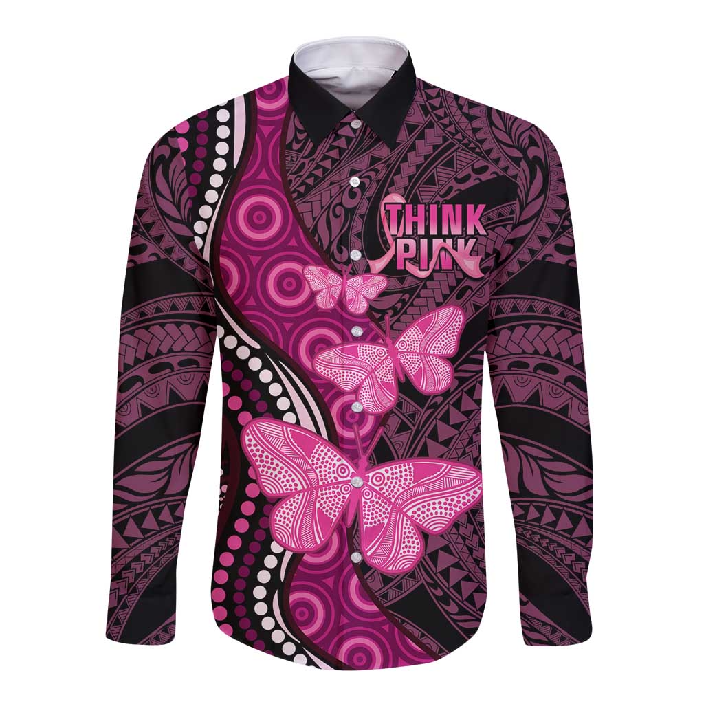 Think Pink Breast Cancer Awareness Long Sleeve Button Shirt Butterfly Aboriginal Mix Polynesian Pattern LT14 Unisex Pink - Polynesian Pride