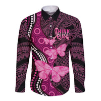 Think Pink Breast Cancer Awareness Long Sleeve Button Shirt Butterfly Aboriginal Mix Polynesian Pattern LT14 Unisex Pink - Polynesian Pride