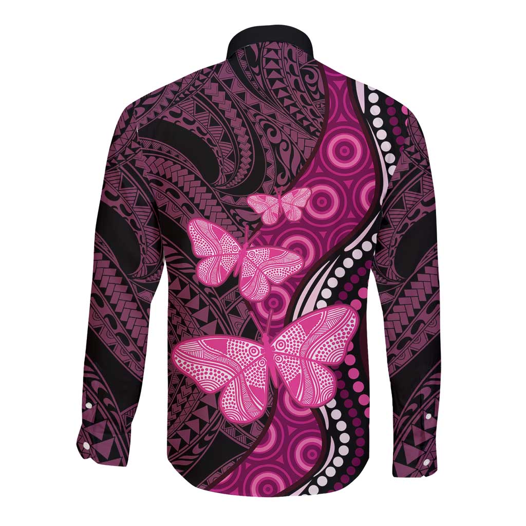 Think Pink Breast Cancer Awareness Long Sleeve Button Shirt Butterfly Aboriginal Mix Polynesian Pattern LT14 - Polynesian Pride