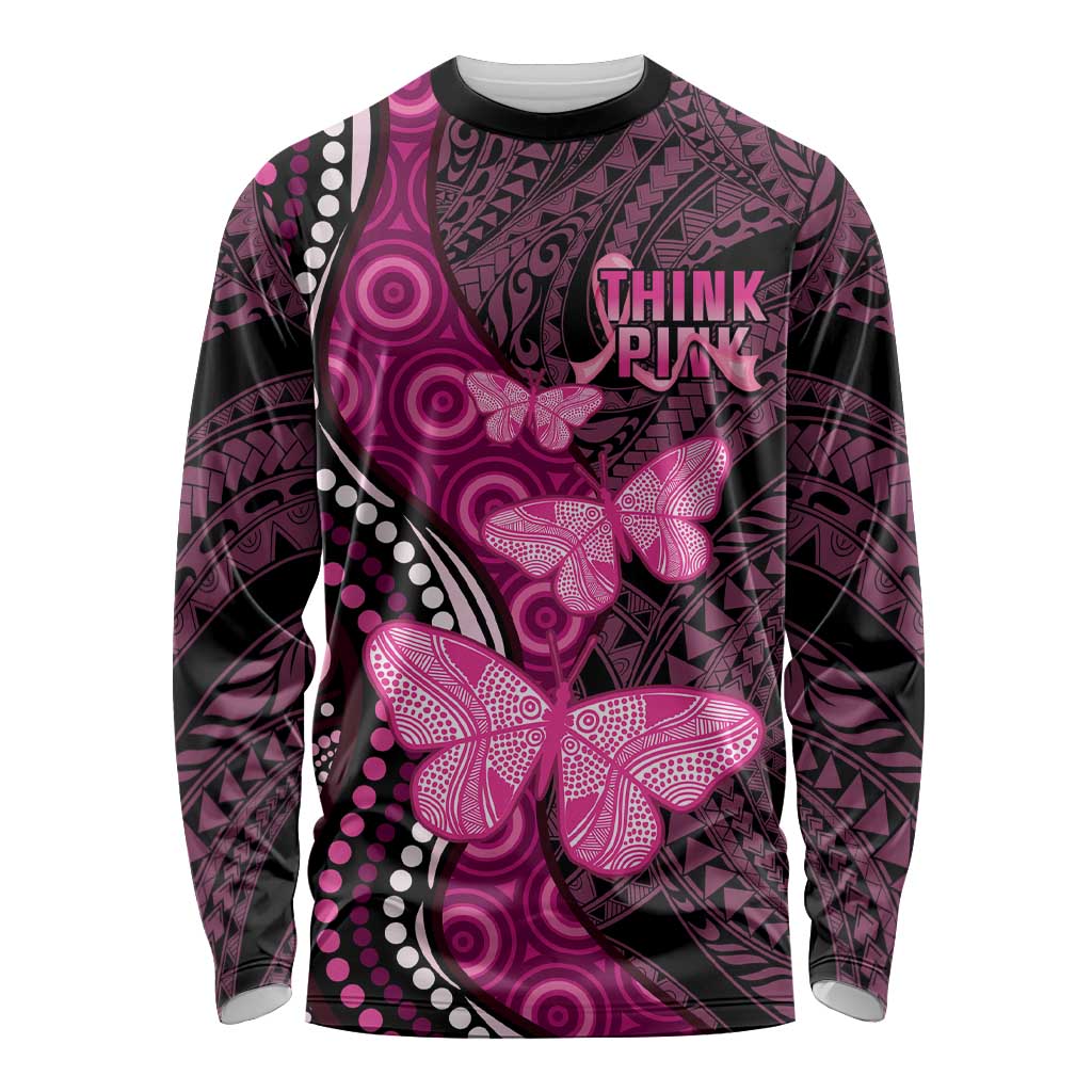 Think Pink Breast Cancer Awareness Long Sleeve Shirt Butterfly Aboriginal Mix Polynesian Pattern LT14 Unisex Pink - Polynesian Pride