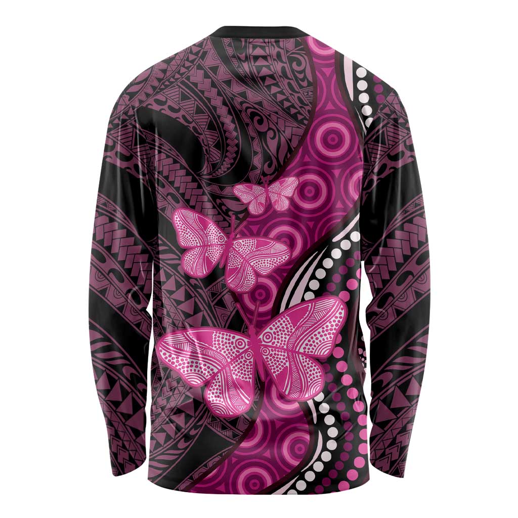 Think Pink Breast Cancer Awareness Long Sleeve Shirt Butterfly Aboriginal Mix Polynesian Pattern LT14 - Polynesian Pride