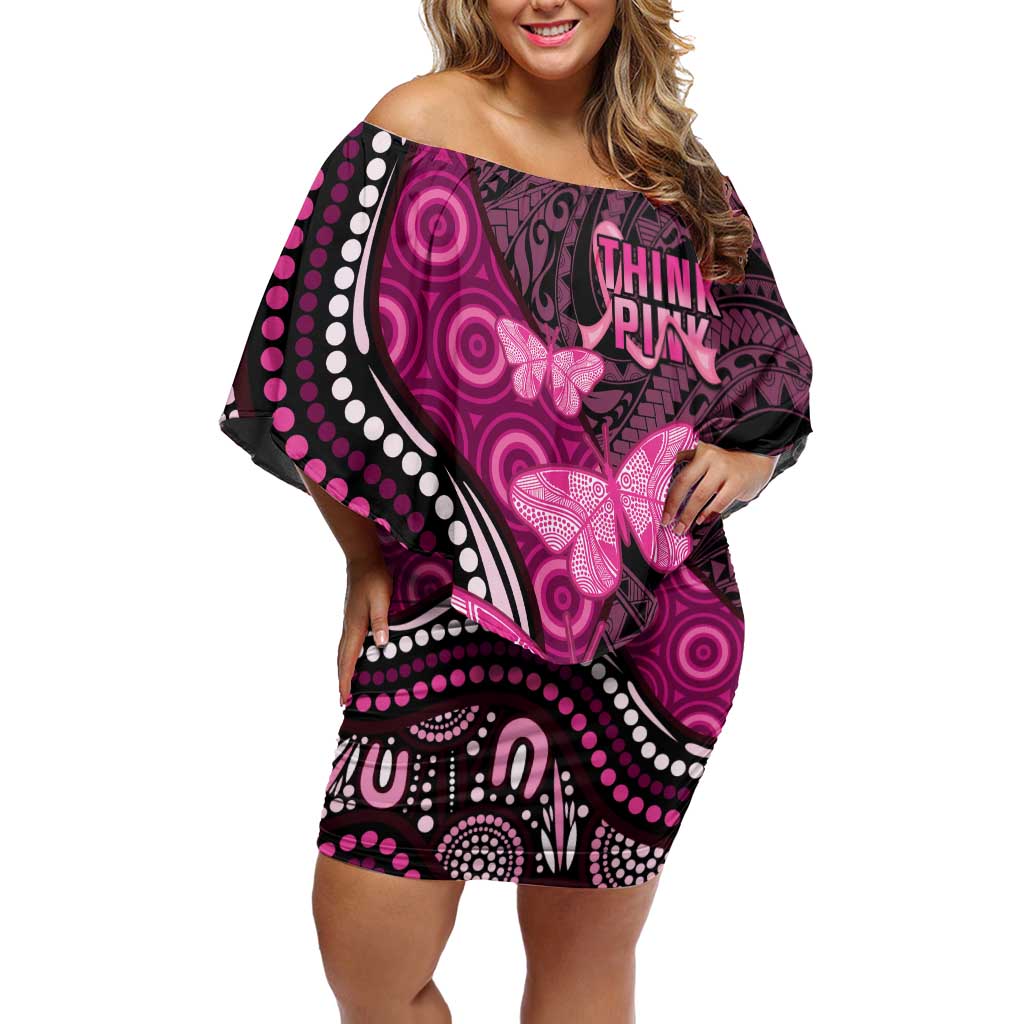 Think Pink Breast Cancer Awareness Off Shoulder Short Dress Butterfly Aboriginal Mix Polynesian Pattern LT14