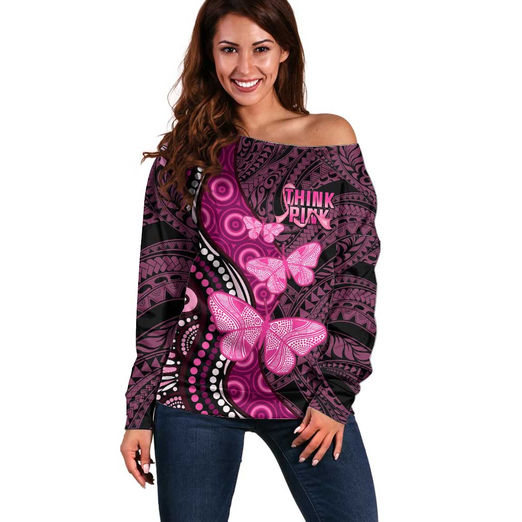 Think Pink Breast Cancer Awareness Off Shoulder Sweater Butterfly Aboriginal Mix Polynesian Pattern LT14 Women Pink - Polynesian Pride
