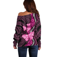 Think Pink Breast Cancer Awareness Off Shoulder Sweater Butterfly Aboriginal Mix Polynesian Pattern LT14 - Polynesian Pride